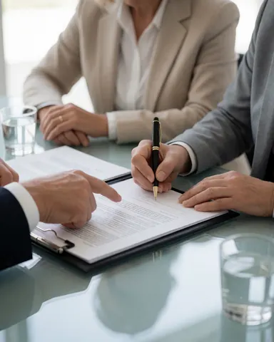 Des personnes signent un document pendant qu'une autre pointe le texte sur une table avec des verres d'eau.