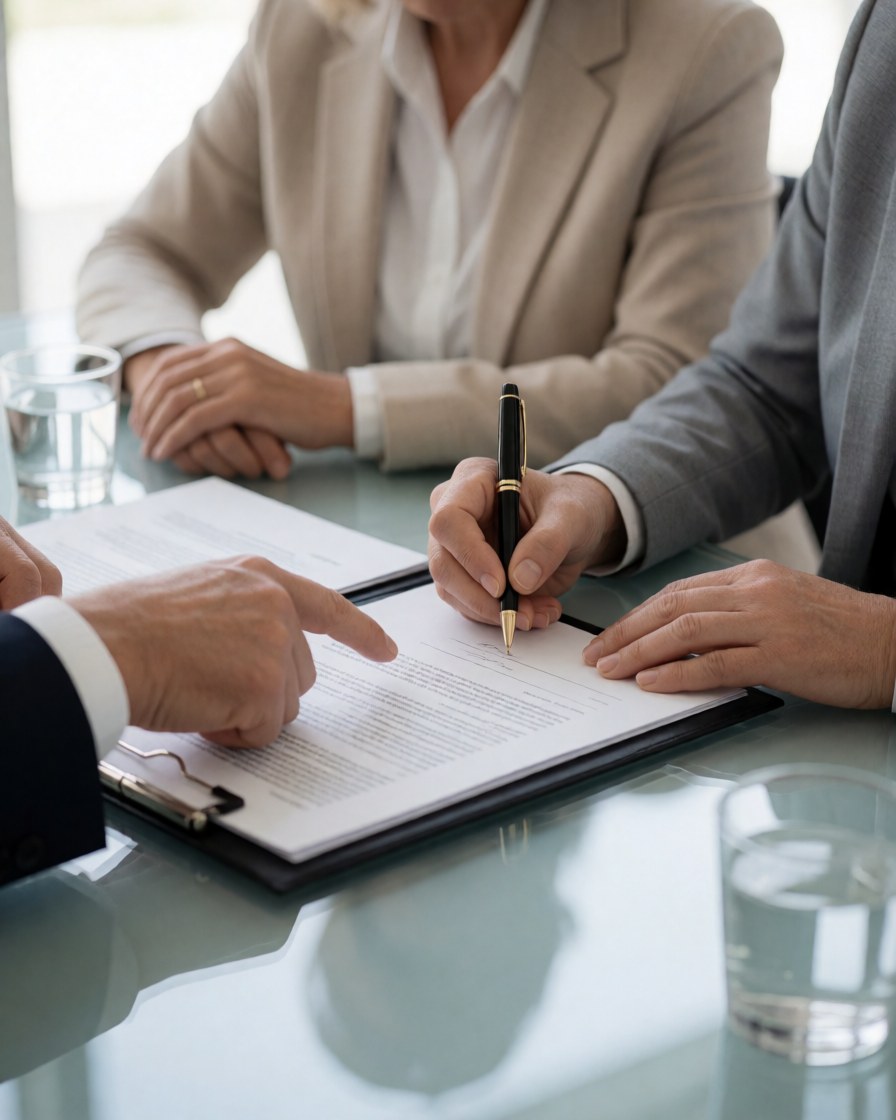 Des personnes signent un document pendant qu'une autre pointe le texte sur une table avec des verres d'eau.