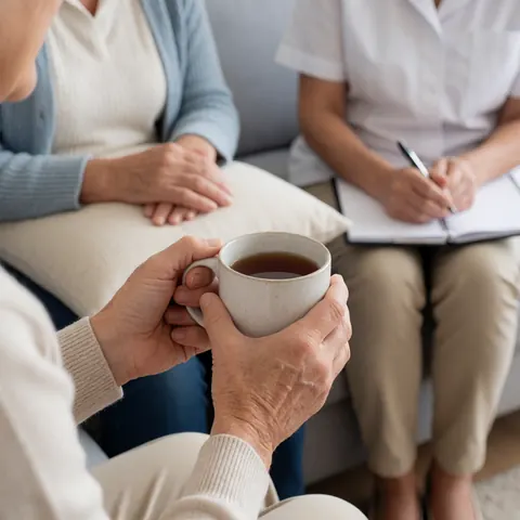 Une personne tient une tasse de café pendant qu'une autre prend des notes dans un cahier lors d'une session de thérapie.