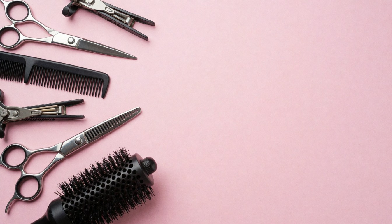 Ciseaux, peigne et brosse disposés sur un arrière-plan rose pastel uni, évoquant l'univers professionnel du salon de beauté.