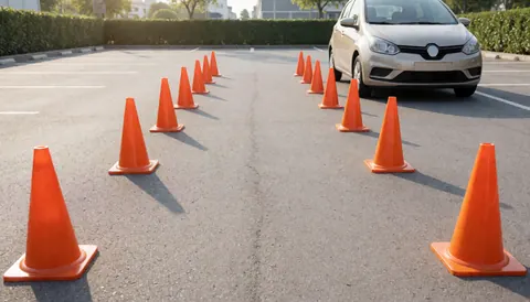 Une voiture blanche conduit en manœuvrant entre une série de cônes de signalisation orange sur un parking extérieur.