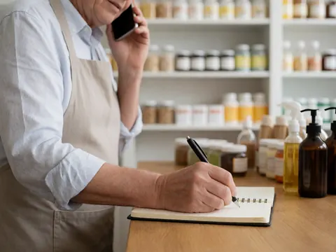 Une femme prend des notes dans un carnet tout en parlant au téléphone portable, avec des produits sur les étagères en arrière-plan.