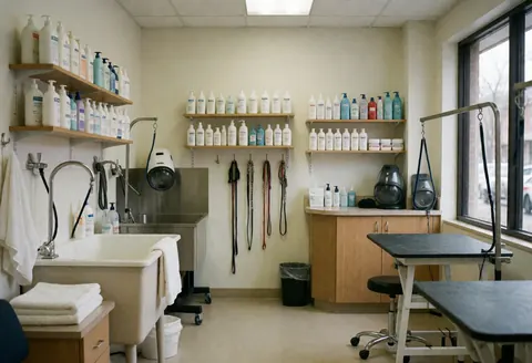 Intérieur d'un salon de toilettage pour chiens avec stations de lavage et de séchage ainsi que des produits pour animaux.