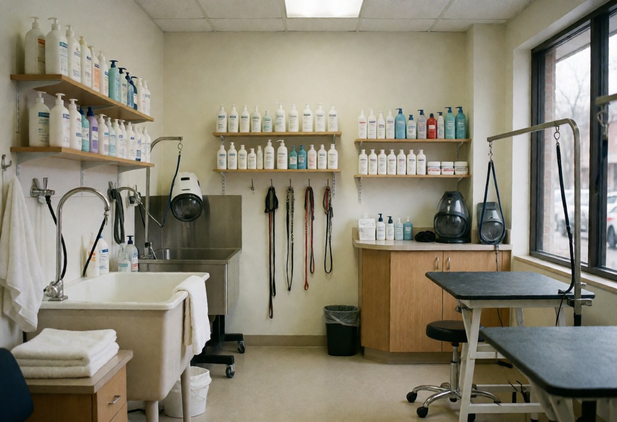 Intérieur d'un salon de toilettage pour chiens avec stations de lavage et de séchage ainsi que des produits pour animaux.
