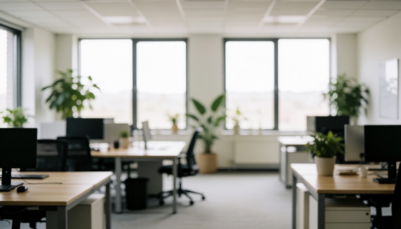 Vue floue d'un bureau moderne comprenant des bureaux, des ordinateurs et des plantes, créant un arrière-plan neutre et professionnel pour du texte.