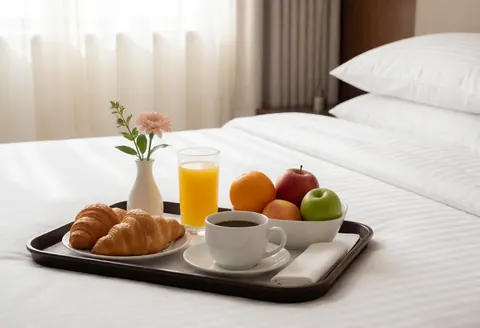Plateau contenant des croissants, des fruits frais, du jus d'orange, du café et de la vaisselle posé sur les draps blancs d'un lit d'hôtel.