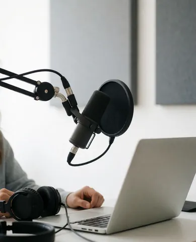 Vue de taille d'une personne équipée d'un microphone et d'un ordinateur portable, enregistrant une leçon à distance dans un environnement domestique.