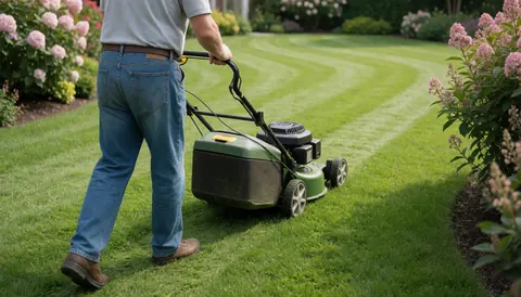 Un homme en jean et chemise tondant l'herbe avec une machine dans un jardin fleuri.