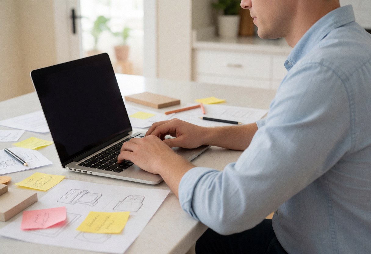 Un homme jeune travaille sur un ordinateur portable posé sur une table avec des notes adhésives et des dessins.
