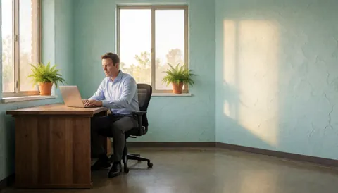 Un homme adulte travaille sur son ordinateur portable dans un bureau moderne avec des murs turquoise, des plantes près de la fenêtre et une lumière naturelle.