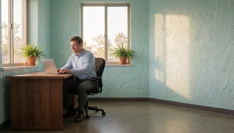 Un homme adulte travaille sur son ordinateur portable dans un bureau moderne avec des murs turquoise, des plantes près de la fenêtre et une lumière naturelle.