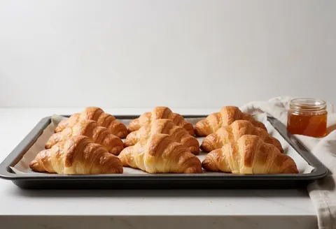 Des croissants dorés sortis du four posés sur un plateau métallique blanc à côté d'un pot de confiture.