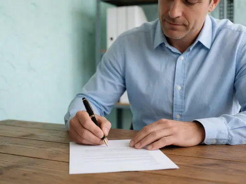 Un homme en chemise bleue signe un document avec un stylo noir sur une table en bois dans un bureau.