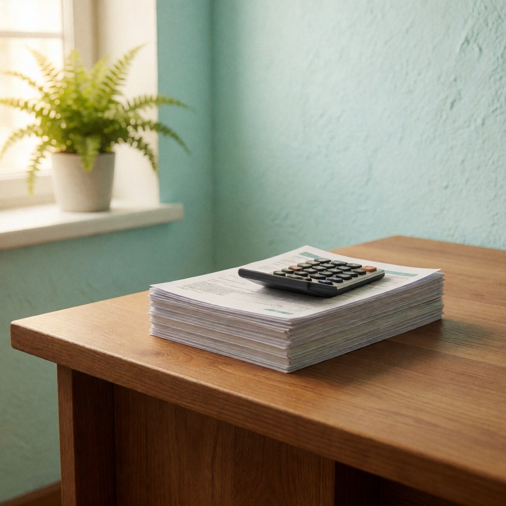 Calculatrice noire posée sur une pile de documents comptables sur un bureau en bois, près d'une fenêtre avec une plante verte.