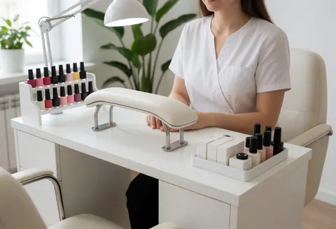 Une manucière en uniforme blanc travaille à un poste de manucure équipé de produits et d'une lampe.