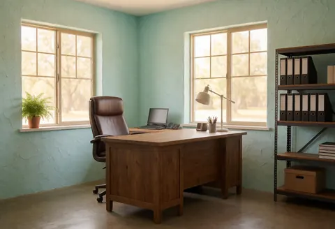 Bureau comptable aux murs turquoise, bureau en bois, chaise, fenêtres et étagère avec dossiers.