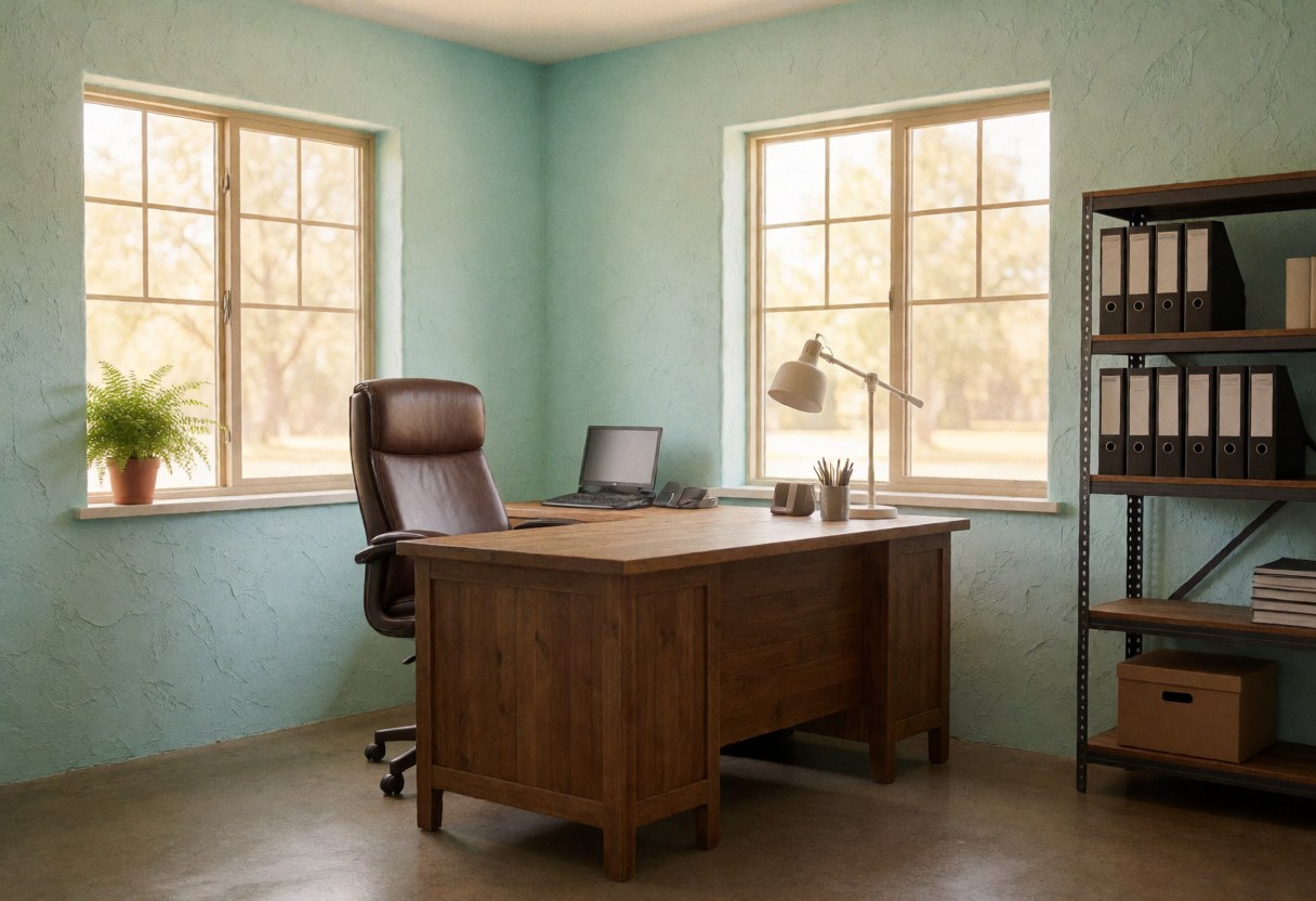 Bureau comptable aux murs turquoise, bureau en bois, chaise, fenêtres et étagère avec dossiers.