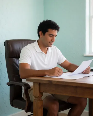 Un homme en chemise blanche examine des papiers sur une table en bois dans un bureau aux murs verts.