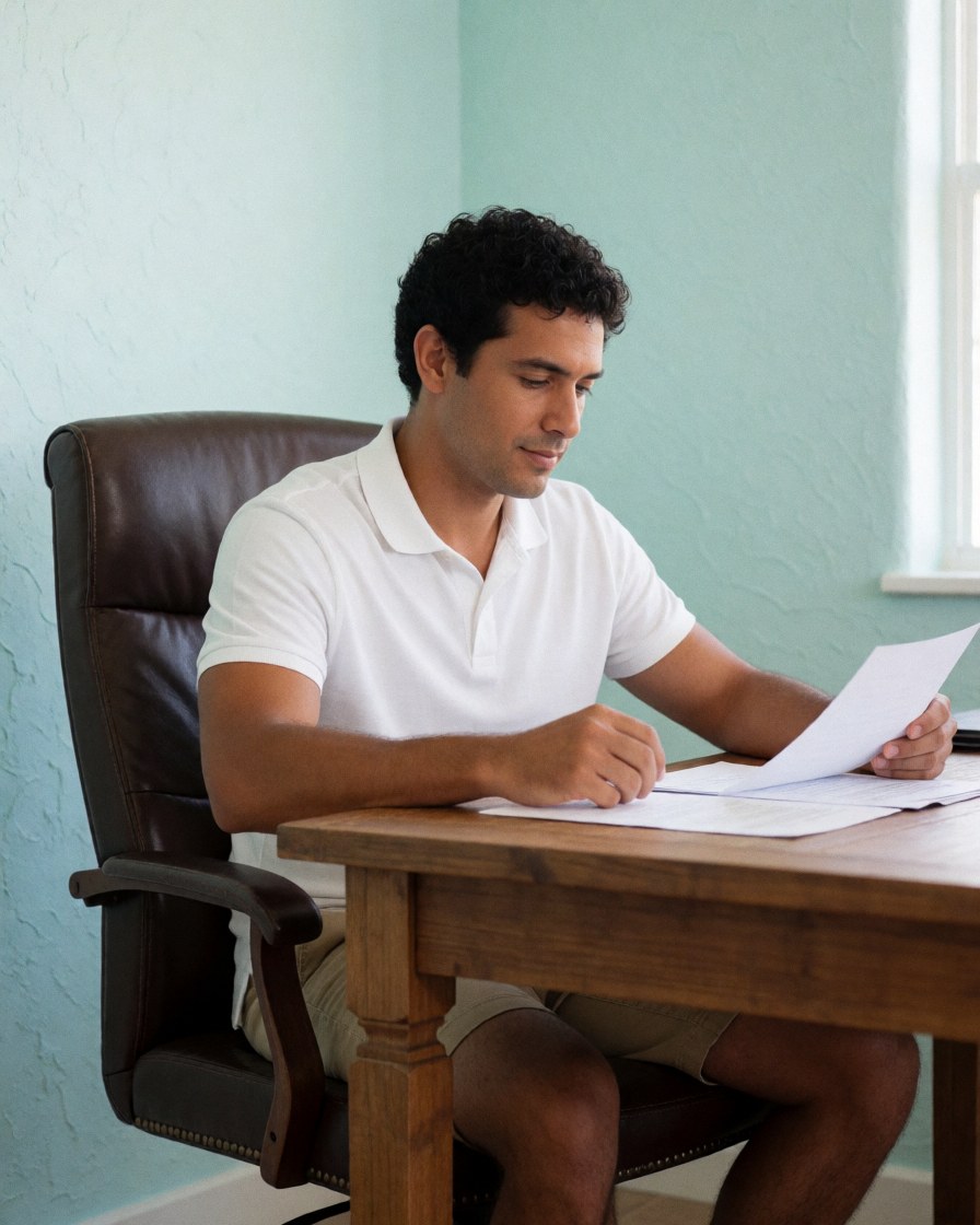 Un homme en chemise blanche examine des papiers sur une table en bois dans un bureau aux murs verts.