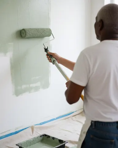 Un homme portant une chemise blanche et un jean peint un mur avec un rouleau vert, une bâche et un seau de peinture au sol.