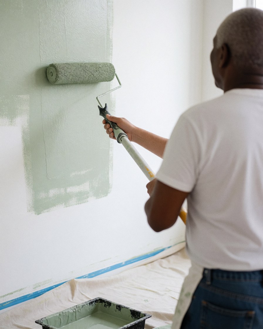 Un homme portant une chemise blanche et un jean peint un mur avec un rouleau vert, une bâche et un seau de peinture au sol.