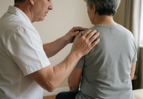 Un professionnel de la santé examine l'épaule d'une cliente lors d'une consultation en cabinet médical.