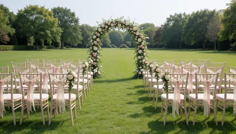 Arc décoré de fleurs et chaises avec rubans disposés sur un champ vert pour une cérémonie de mariage.