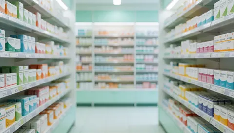 Couloir d'une pharmacie contenant des étagères remplies de produits de santé et de soins personnels, sans personnes visibles.