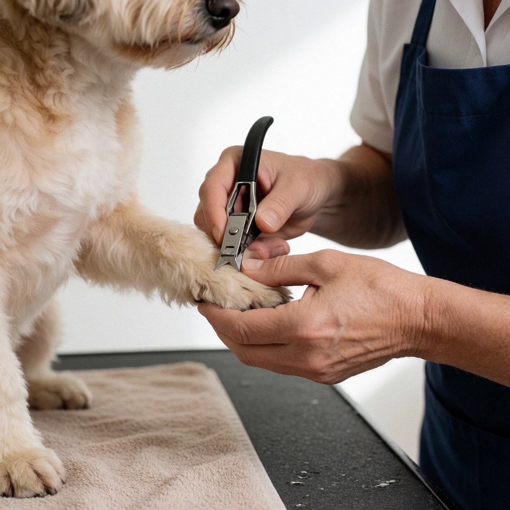 Un groomer coupe les griffes d'un chien blanc posé sur une serviette au cours d'une séance de toilettage professionnel.