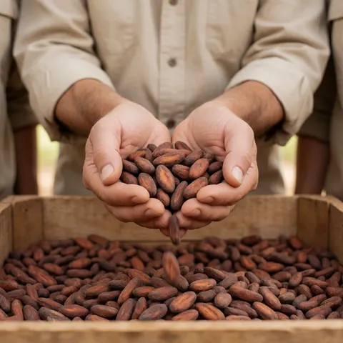 Gros plan de mains d'agriculteur tenant des fèves de cacao fraîches au-dessus d'une caisse en bois remplie de récolte.