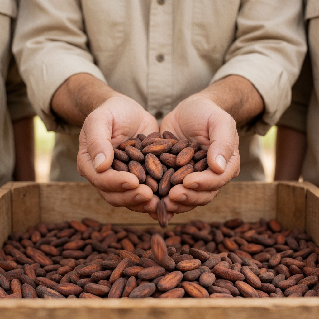 Gros plan de mains d'agriculteur tenant des fèves de cacao fraîches au-dessus d'une caisse en bois remplie de récolte.