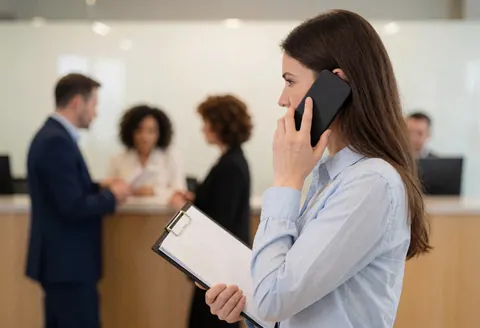 Une conseillère professionnelle au téléphone dans un bureau, tenant un classeur de documents.