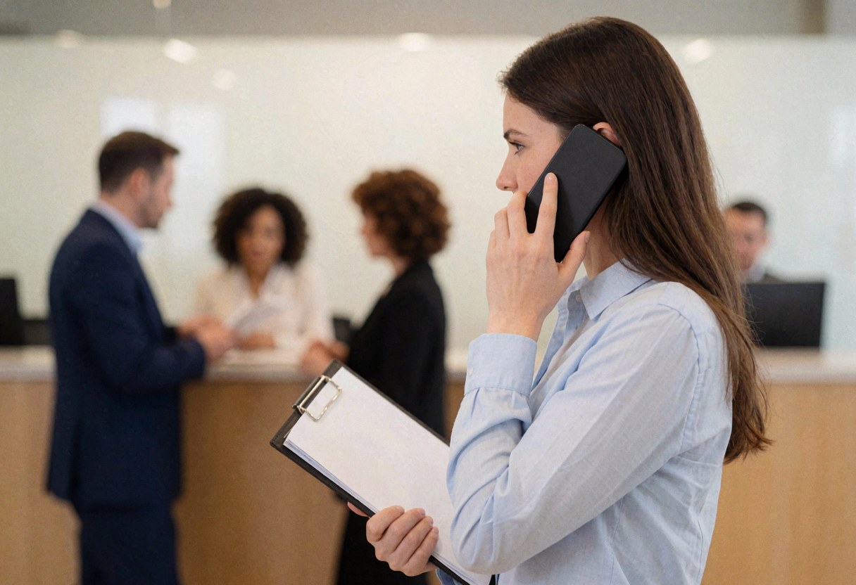 Une conseillère professionnelle au téléphone dans un bureau, tenant un classeur de documents.