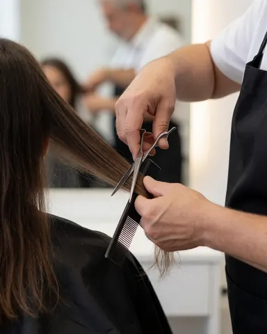 Un coiffeur coupe les cheveux longs d'une cliente à l'aide de ciseaux et d'un peigne dans un salon de beauté.