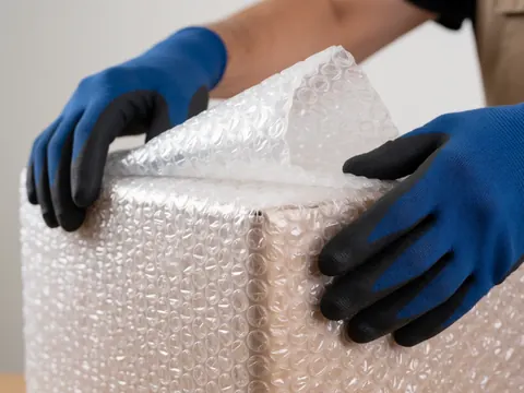 Gants bleus et noirs tenant un paquet enveloppé de plastique à bulles transparentes pour assurer sa protection lors du transport.