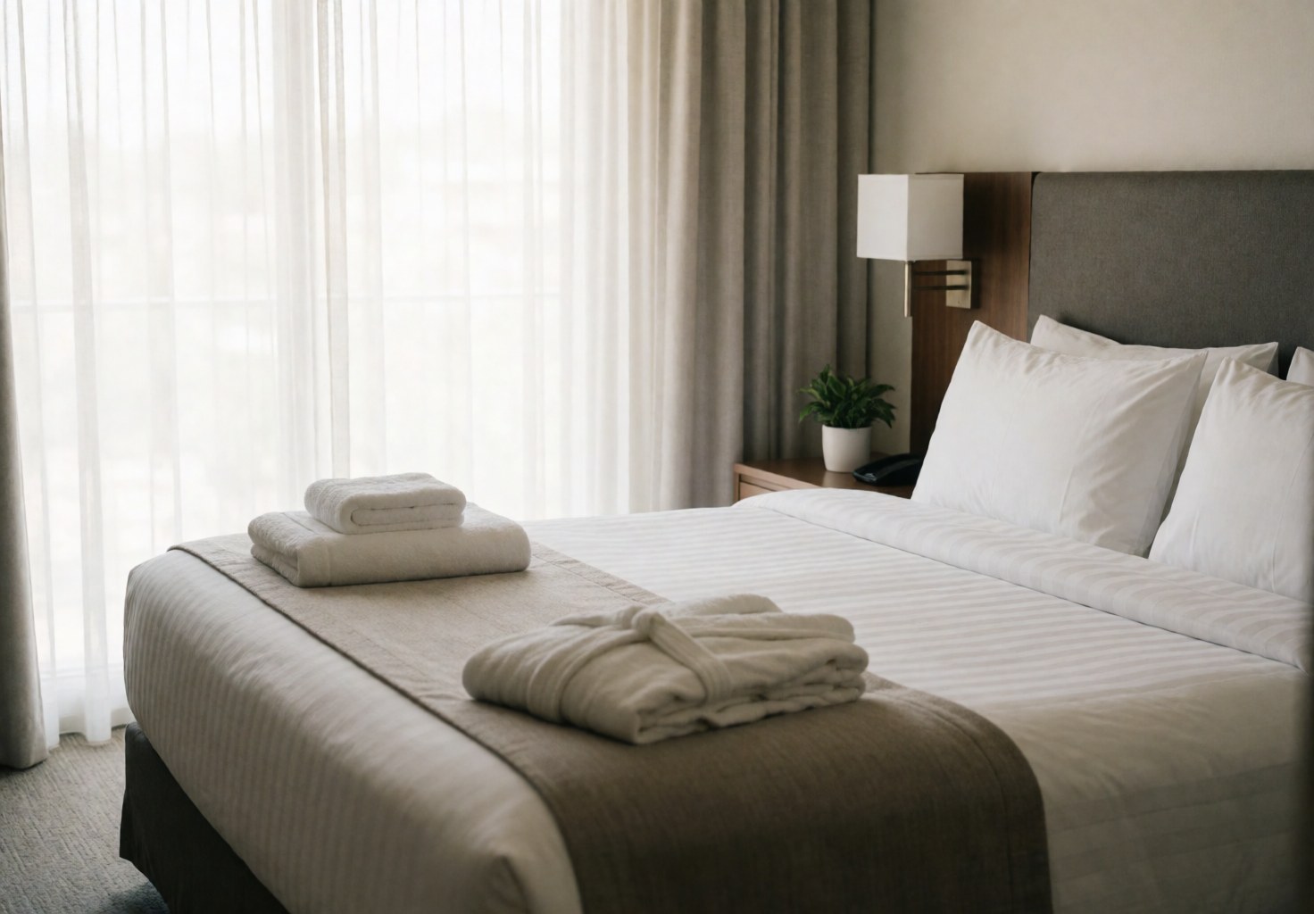 Lit d'hôtel avec draps blancs, serviettes et peignoir plié près d'une fenêtre avec rideaux.