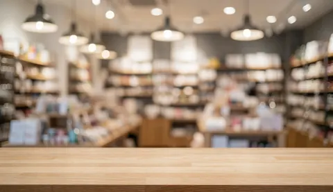 Premier plan d'une table en bois avec un arrière-plan flou montrant des étagères et des lumières suspendues dans un commerce.