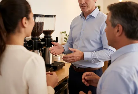 Un employé explique les caractéristiques du café à deux clients dans un espace de coworking, près d'une machine et d'un moulin.