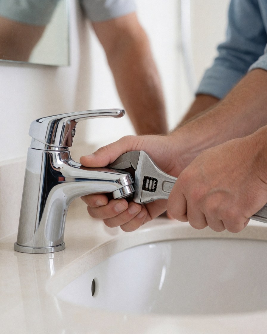 Mains d'un plombier serrant un robinet de salle de bain avec une clé adjustable sur un plan de travail blanc près d'un évier.
