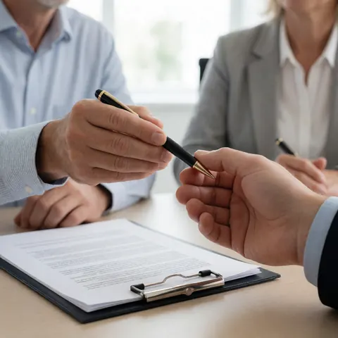 Une main tient un stylo noir et doré tandis qu'une autre le reçoit au-dessus d'un document posé dans un classeur sur un bureau de bureau.
