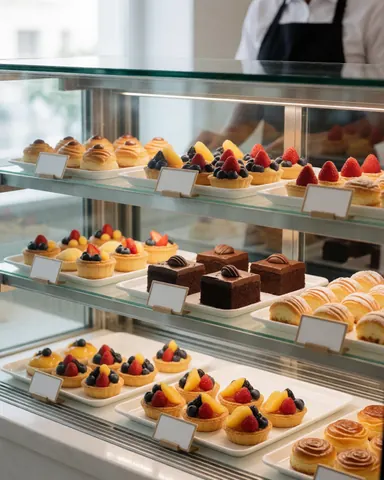 Vitrine de pâtisserie exposant des gâteaux aux fruits et au chocolat, avec un employé en arrière-plan.