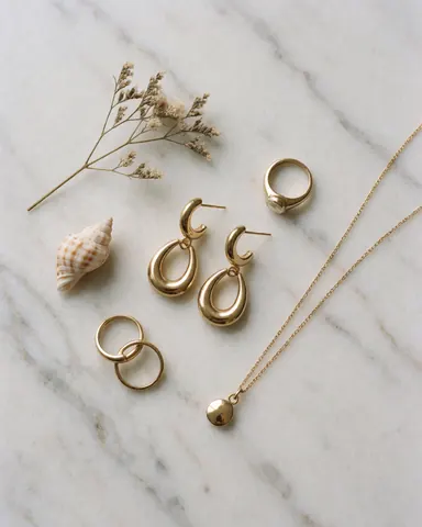 Des bijoux dorés comprenant des boucles d'oreilles, des bagues et un collier disposés sur une surface en marbre blanc aux veines naturelles.