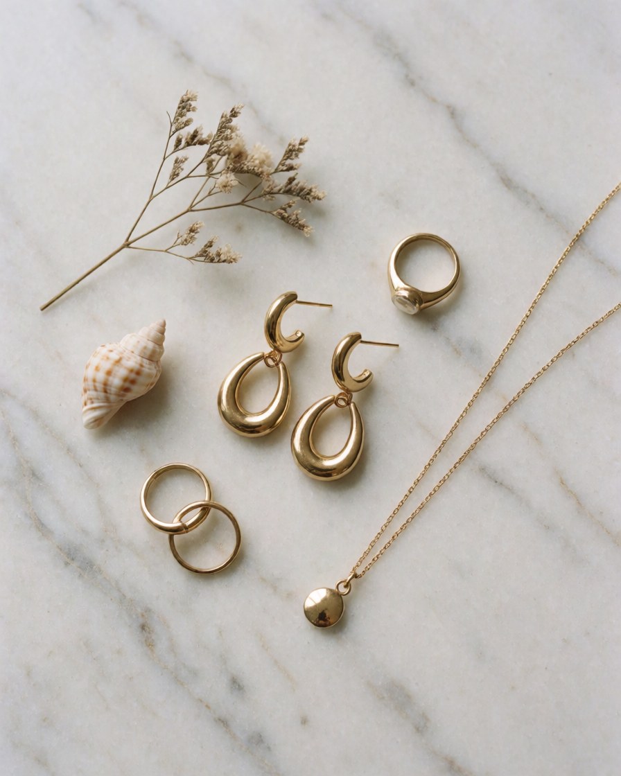 Des bijoux dorés comprenant des boucles d'oreilles, des bagues et un collier disposés sur une surface en marbre blanc aux veines naturelles.