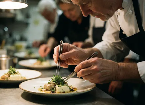 Un chef cuisinier portant des gants utilise des pinces pour placer de la herbe fraîche sur un plat gourmet, mettant en valeur la précision et le détail de la présentation culinaire.