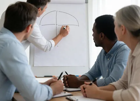 Un formateur dessine un schéma sur un tableau blanc pendant que trois participants observent et prennent des notes.