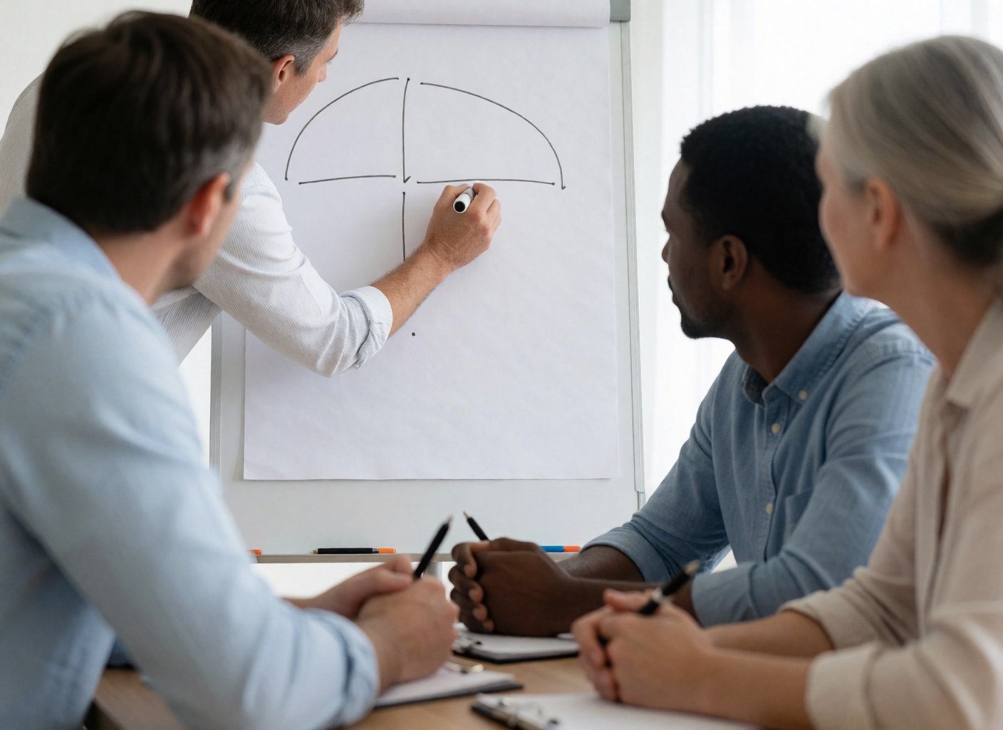 Un formateur dessine un schéma sur un tableau blanc pendant que trois participants observent et prennent des notes.