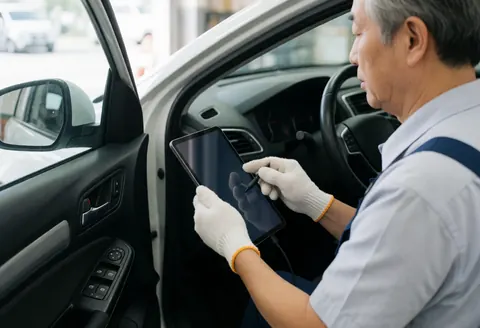 Un mécaniste adulte examine les données de diagnostic d'un véhicule à l'aide d'une tablette numérique.
