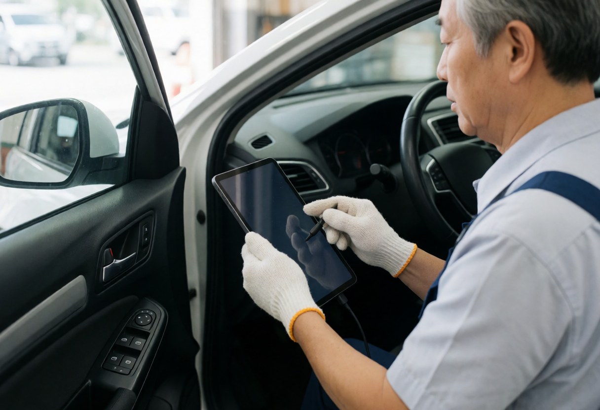 Un mécaniste adulte examine les données de diagnostic d'un véhicule à l'aide d'une tablette numérique.