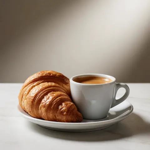 Un croissant doré posé à côté d'une tasse de café remplie, le tout disposé sur une assiette blanche reposant sur une table en marbre.