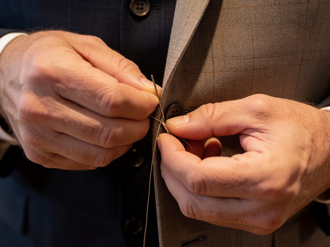 Gros plan des mains d'un homme en train de coudre un bouton sur une veste à carreaux, illustrant le travail artisanal et la couture.